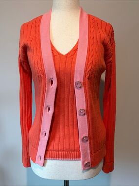 Talbots Coral Ribbed V-Neck Sweater with Pink-Trim Cardigan
